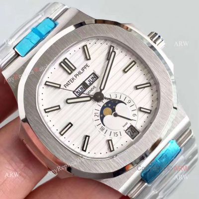 Swiss Replica Patek Philippe Nautilus Watch SS White Day Date Moonphase